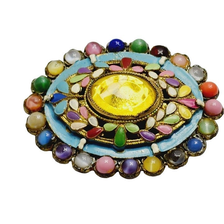 Early Enameled Glass Czech Style Brooch (A880)