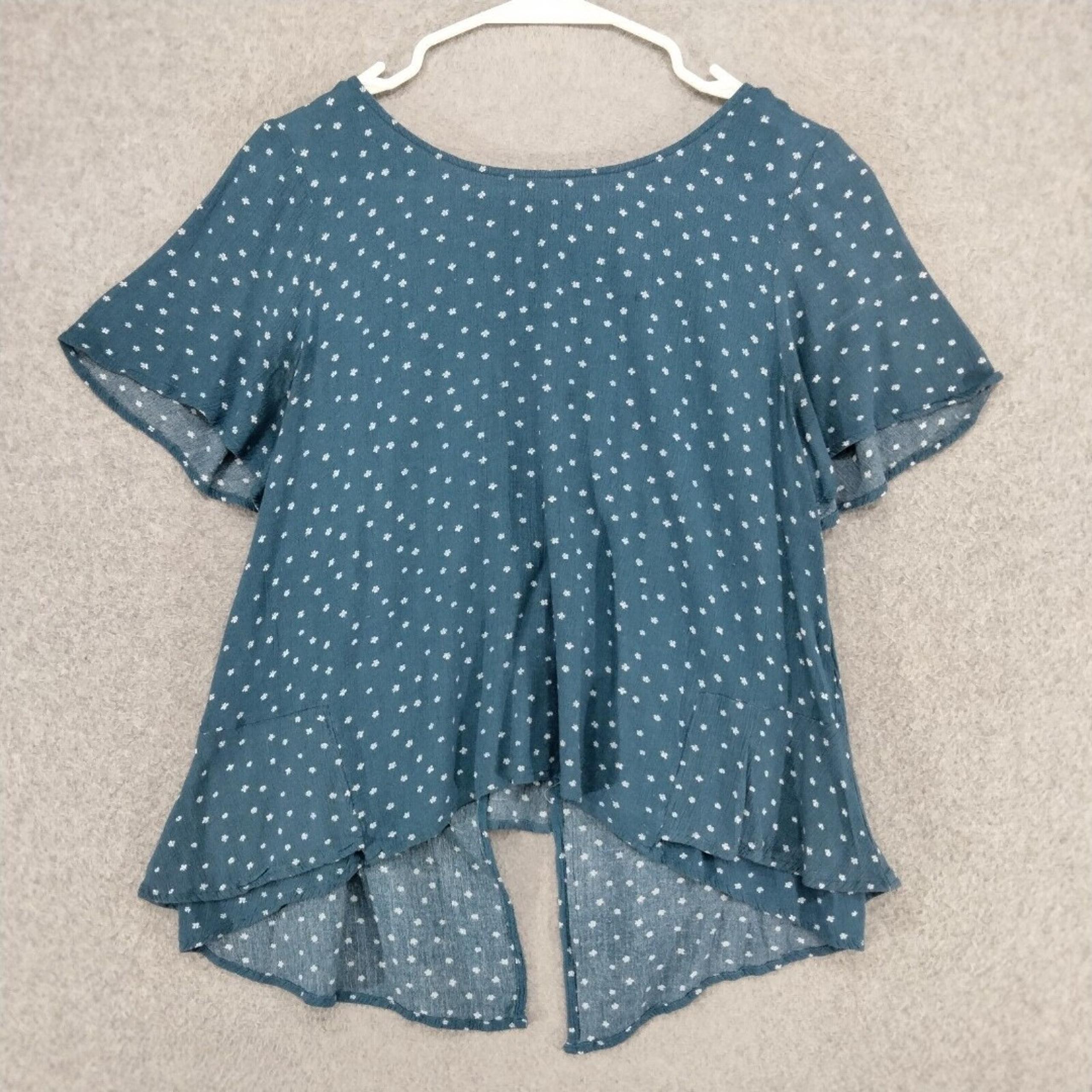 ModCloth Lace & Mesh Peplum Blouse Womens Size M Blue White Floral Short Sleeve