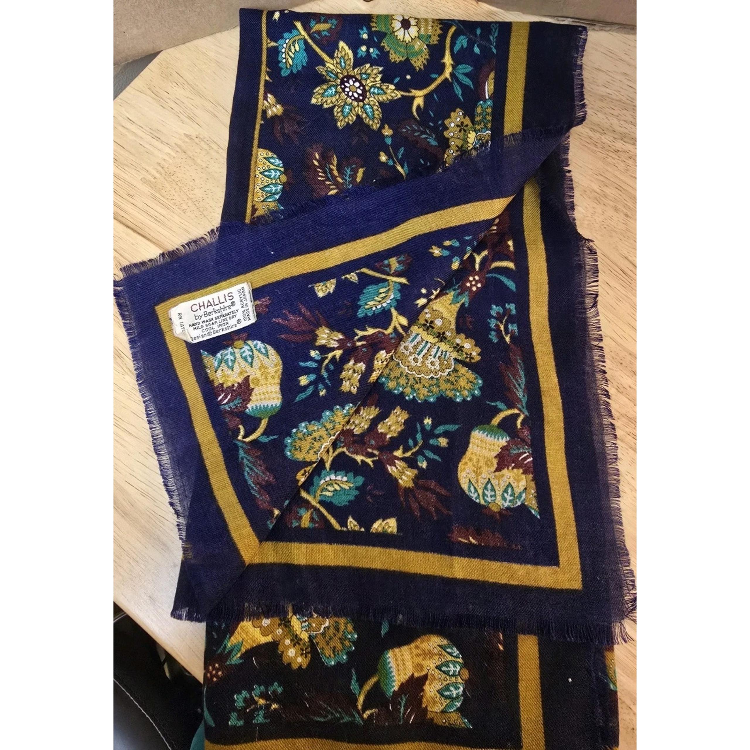 Challis By Berkshire Scarf 48” Square Blue Floral Japan Vintage
