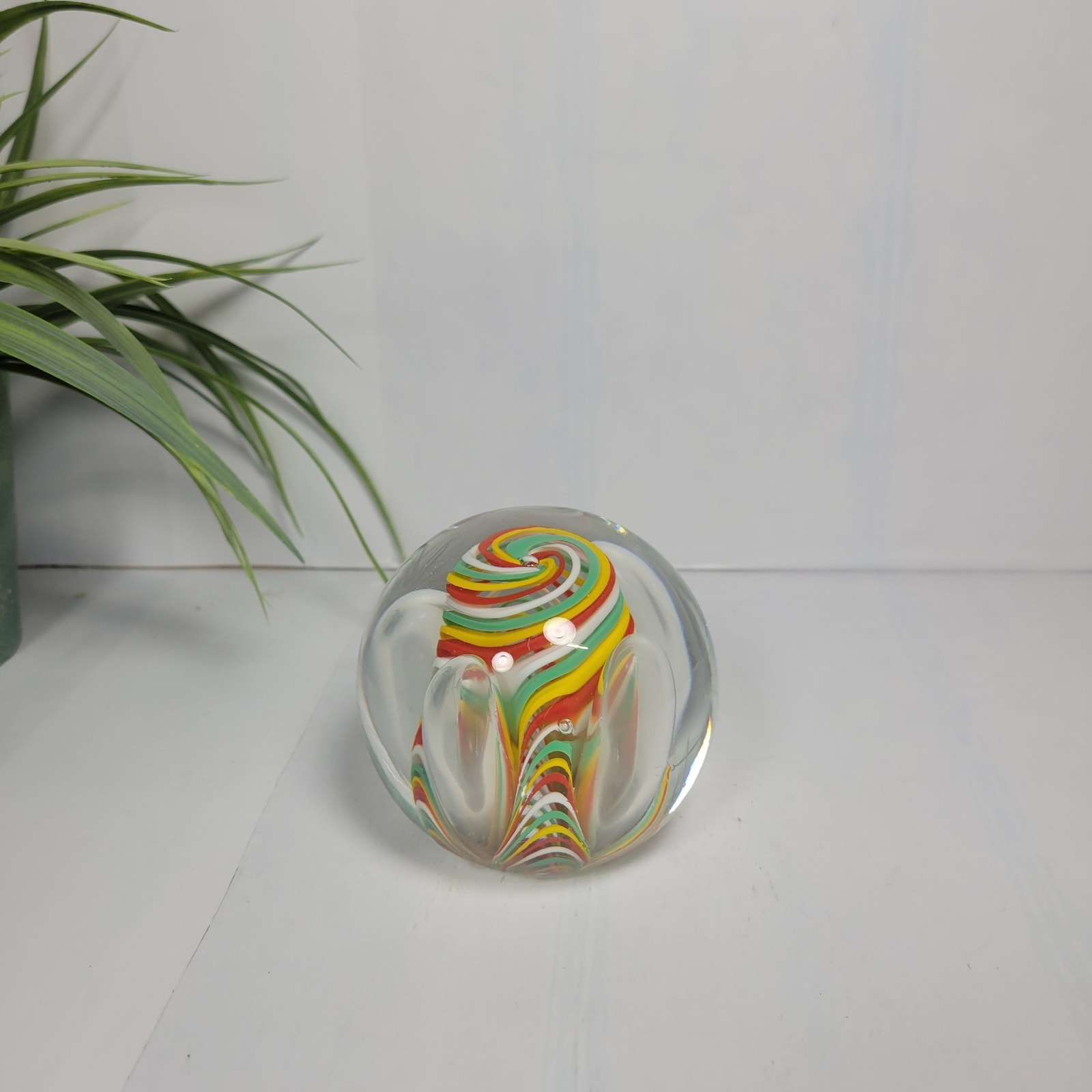 Retro Paperweight Round Art Glass Multicolor Swirl