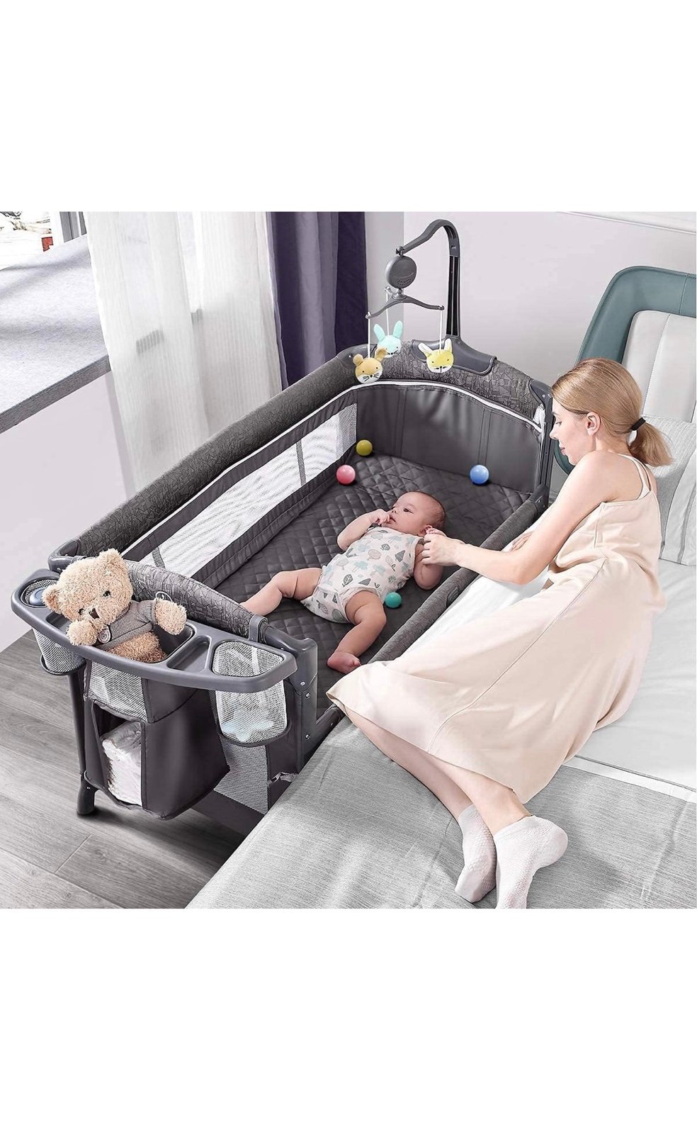 ADOVEL Baby Bassinet Bedside Crib, Pack and Play, Diaper Changer & Playards