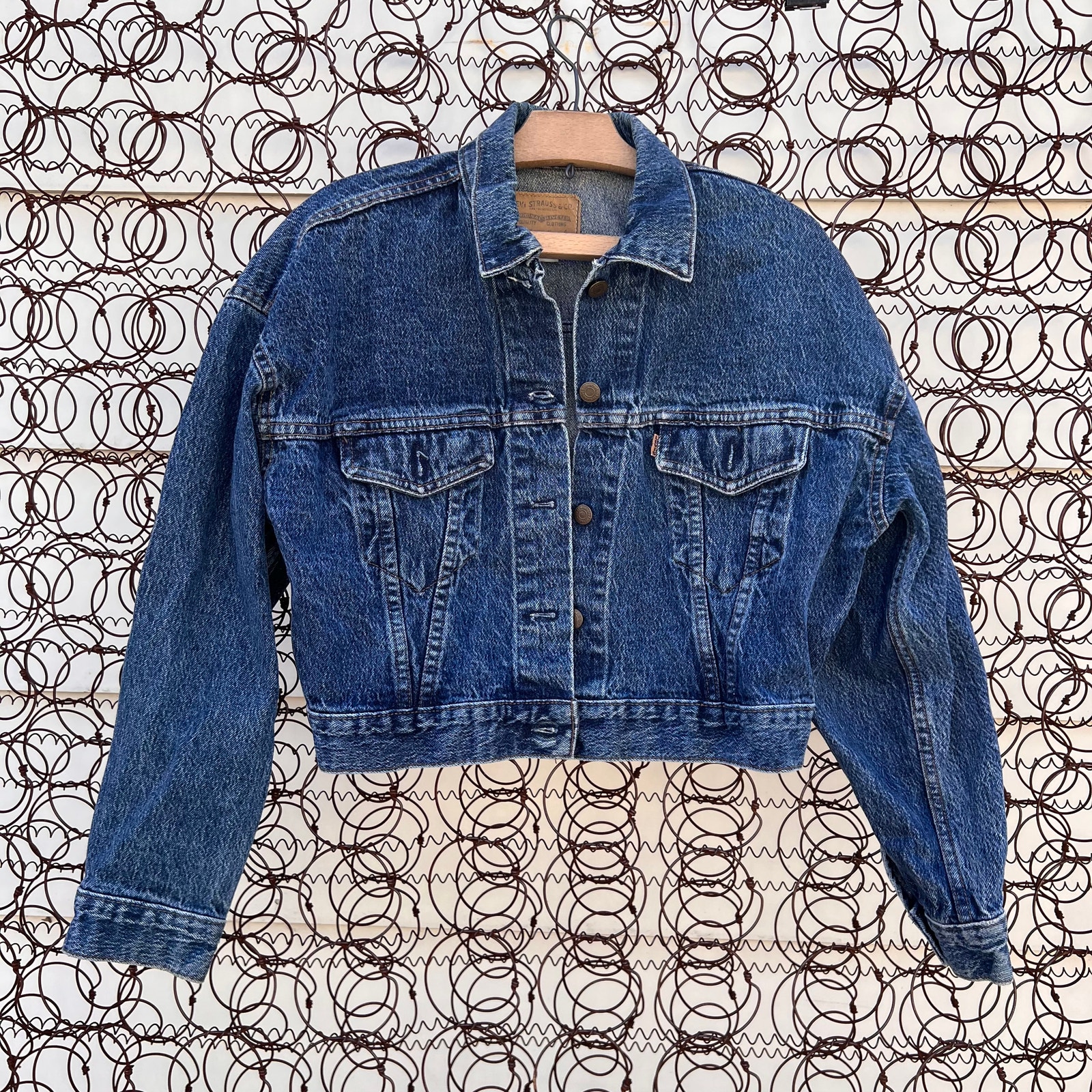 Vintage 80s Levi's 77933 Crop Trucker Jacket Orange Tan Tab Jean Denim MEDIUM