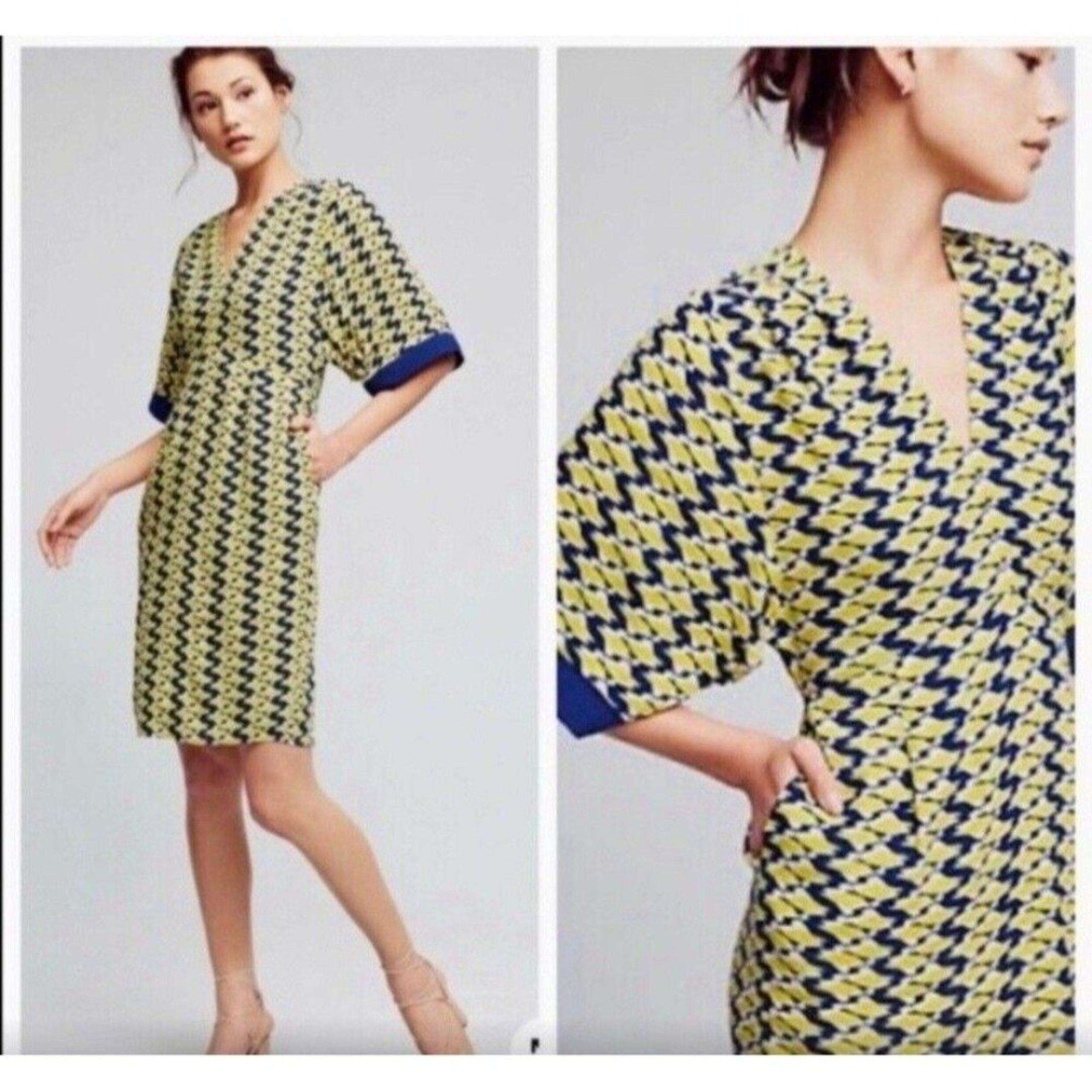 Anthropologie Maeve Dress Size 4 Mirabilis Kimono Sleeve Yellow Blue Geometric