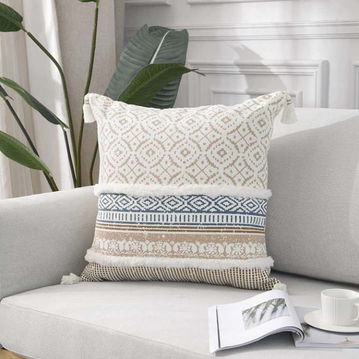 (Only Cover) Boho Tufted Decorative Pillow Cover for Couch Sofa 18x18 inches