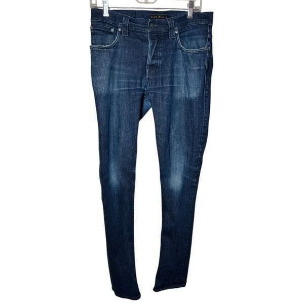 Nudie Jeans Grim Tim Dry Navy Dips Slim Straight Jeans Low Waist Men’s 33x34