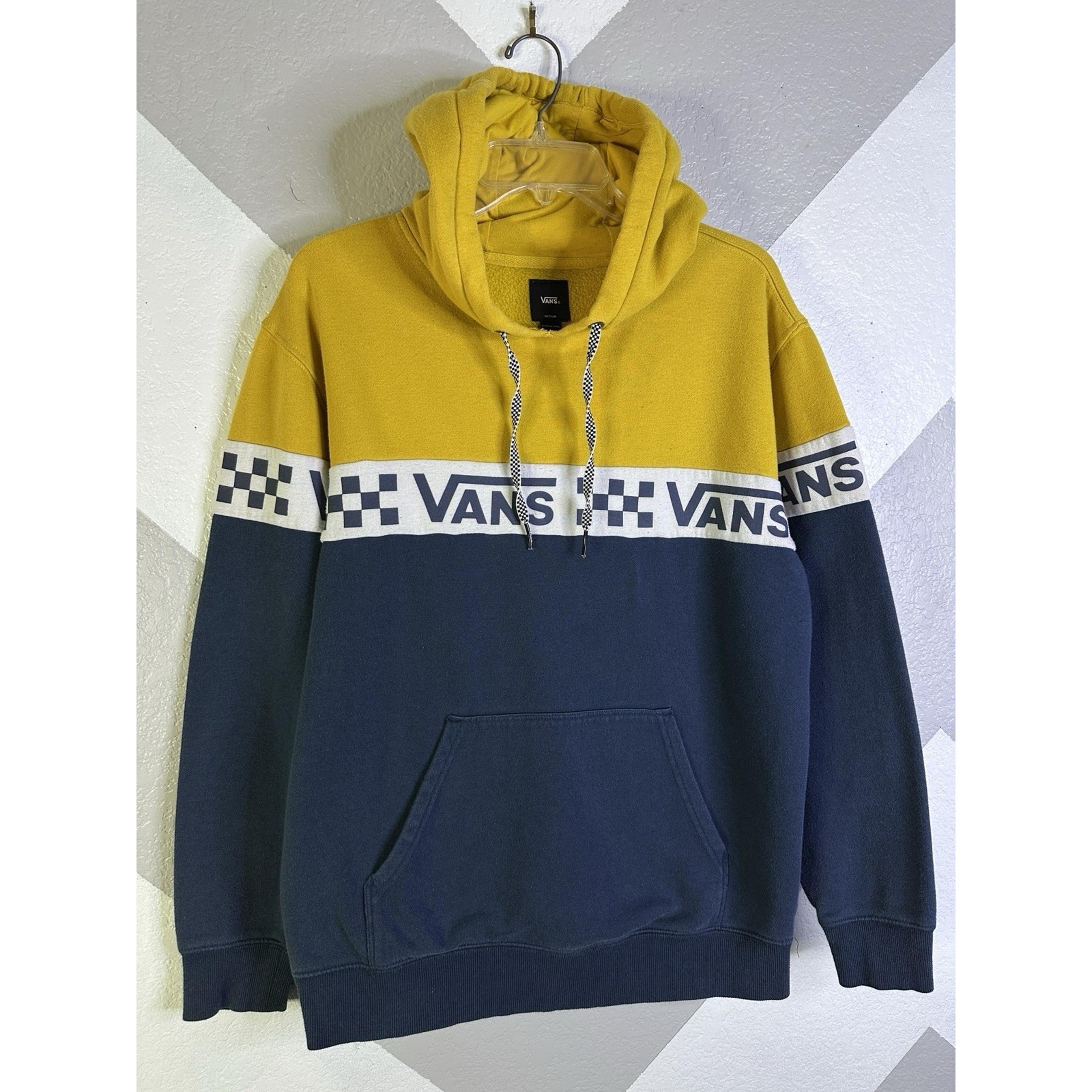 Vans Hoodie Mens Medium Yellow Navy Blue Checkered Logo Drawstring Sweater