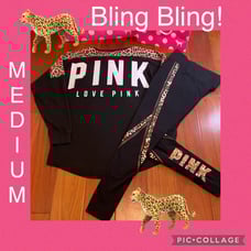 VS PINK BLING Cheetah Legging & Campus Crew - MEDIUM