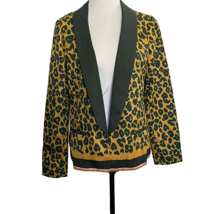 Scotch & Soda Blazer Leopard Print Jacket Crepe Shawl Lapel Gold & Green XS