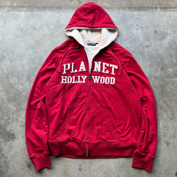 Vintage Y2K Planet Hollywood Orlando Full Zip Fur Sherpa Lined Grunge Hoodie