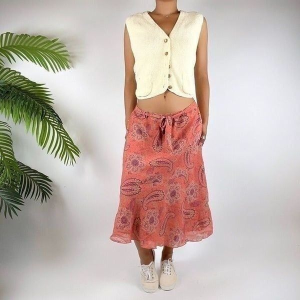 Vintage Y2K Pink Paisley Cottagecore Low Rise Boho Fairycore Midi Skirt / Sz: L