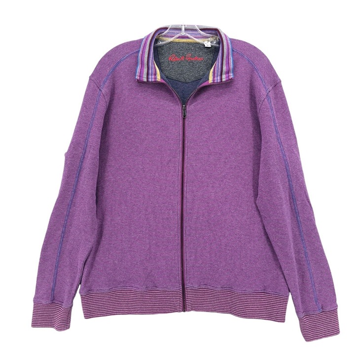 ROBERT GRAHAM Sweater Purple Gray Woven Full Zip Mock Neck Classic Fit LARGE