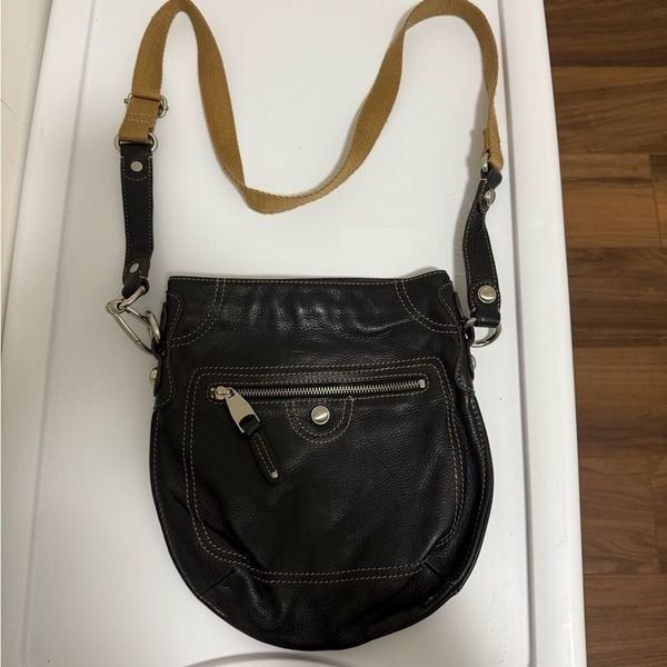 B. Makowsky Black Pebble Leather Cross Body Crescent Shape Bag.