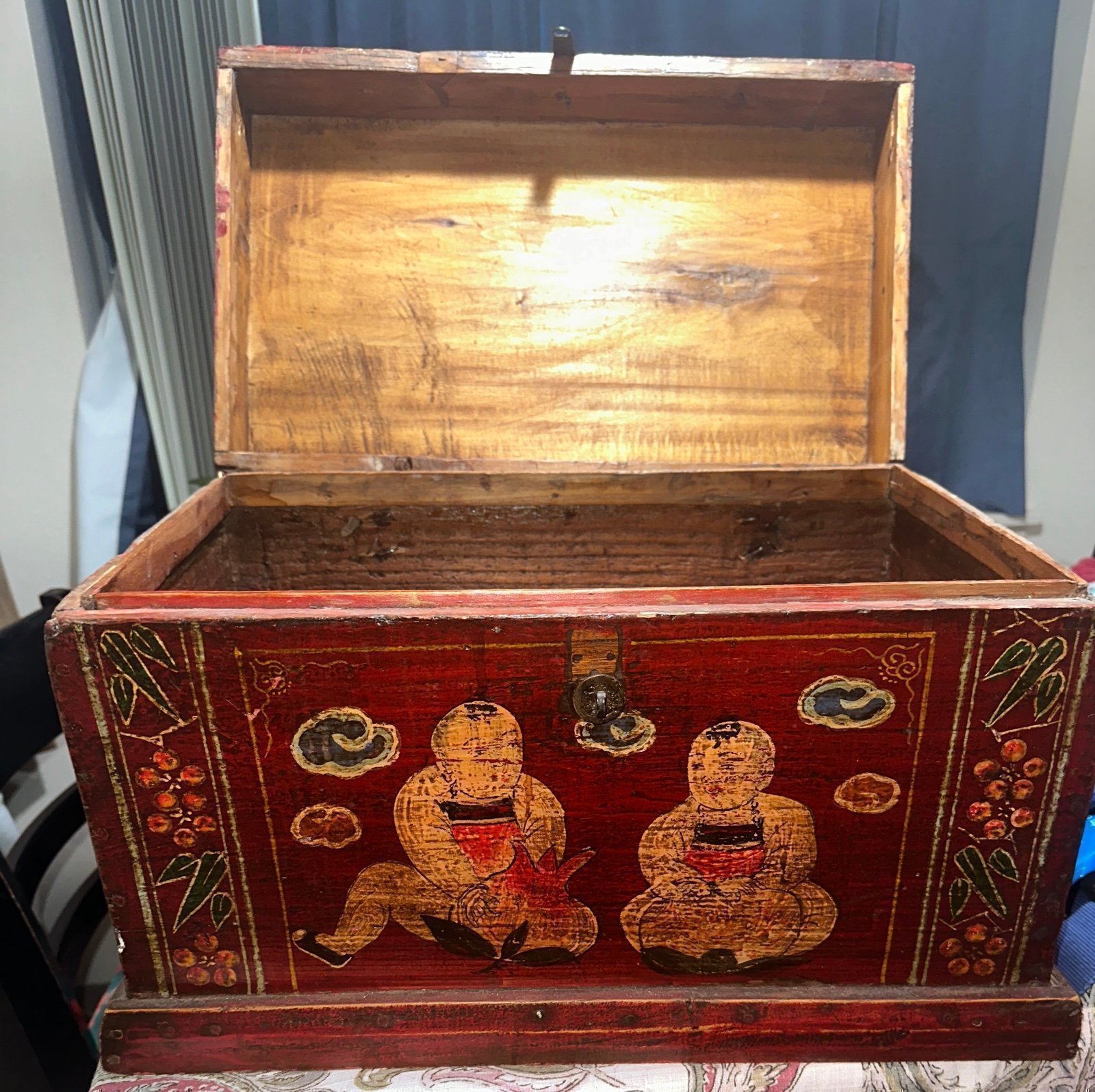 Down from 800. Antique Chinese toy wooden box. Very old hook hinges.