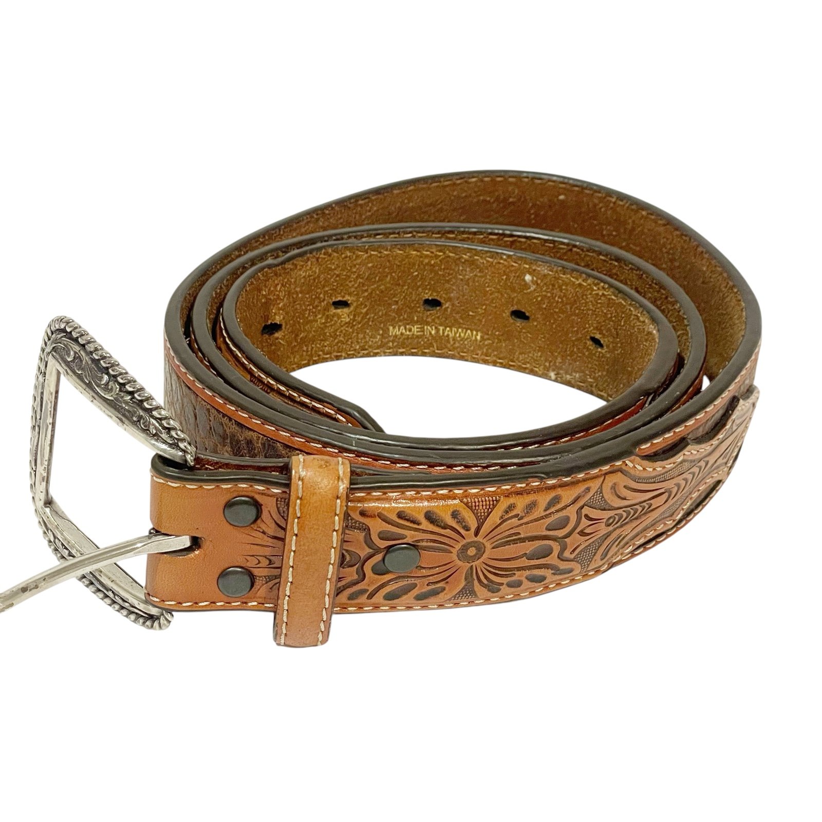 Ariat Men’s Brown Leather Floral Tooled Belt Size 42 Silver Hardware