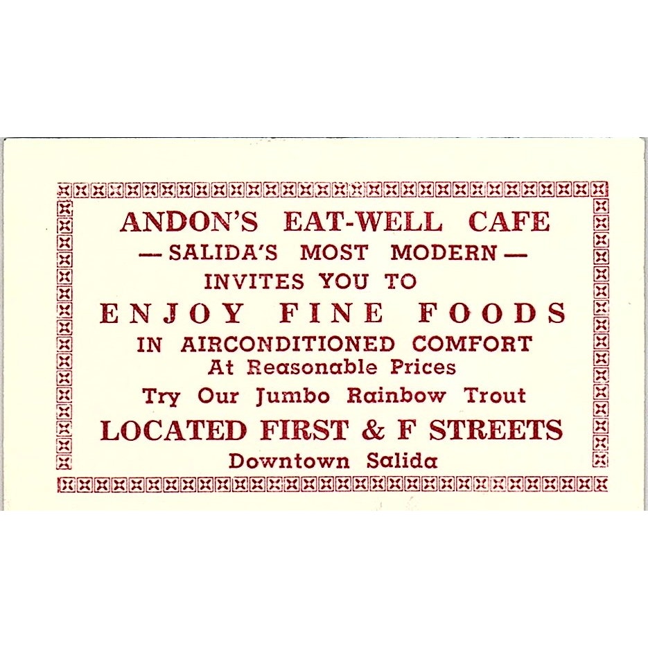 1950s Andon's Eat-Well Cafe Salida CO Small Paper Card 1x3 AF9-S5