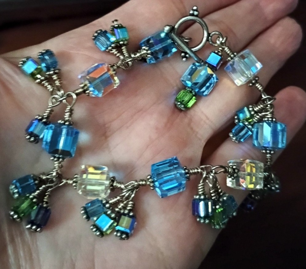 Bracelet Blue and Green , AB Crystal Dangles