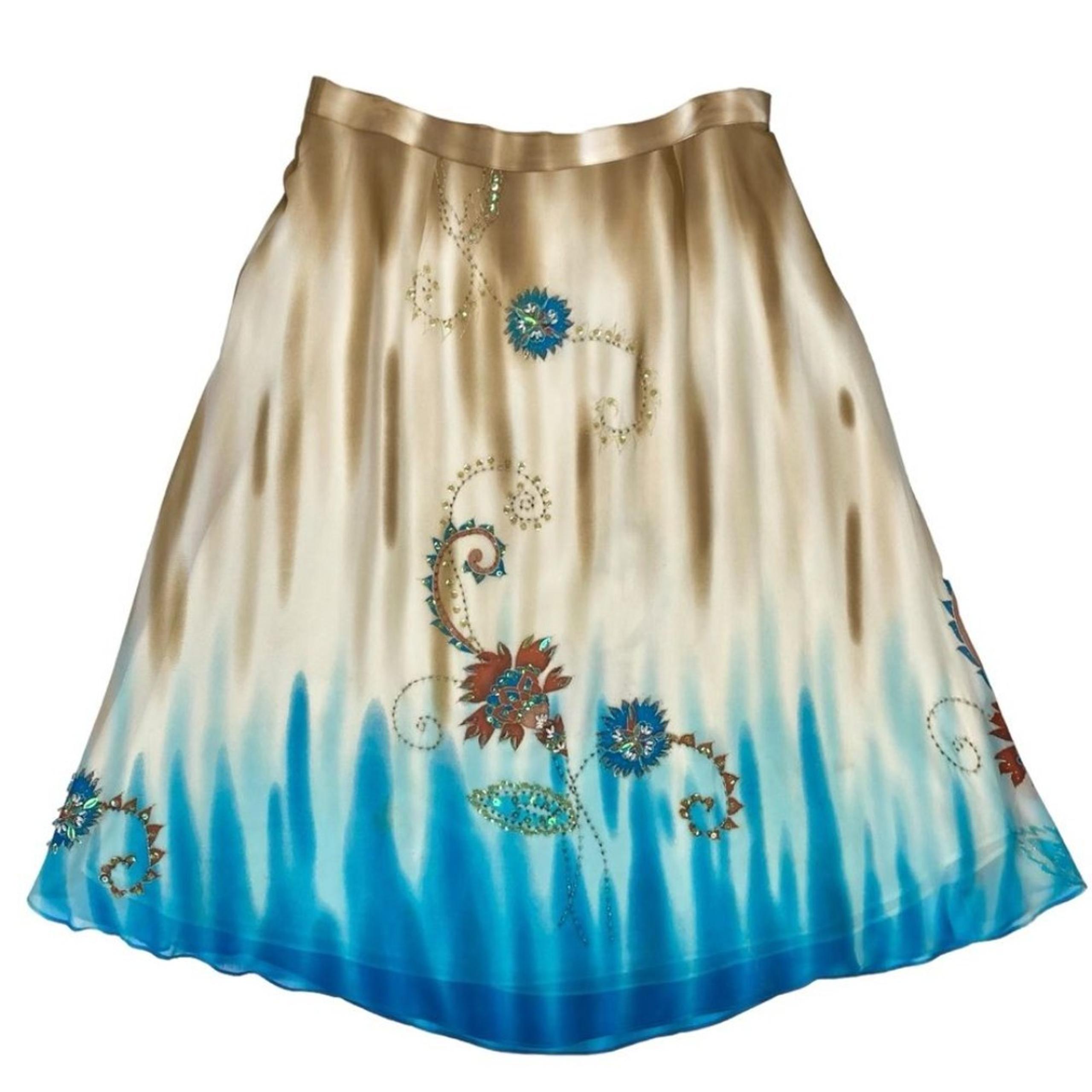 Anthropologie Lapis Skirt Women XL Beige Blue Sequin Embroidered 100% Silk Maxi