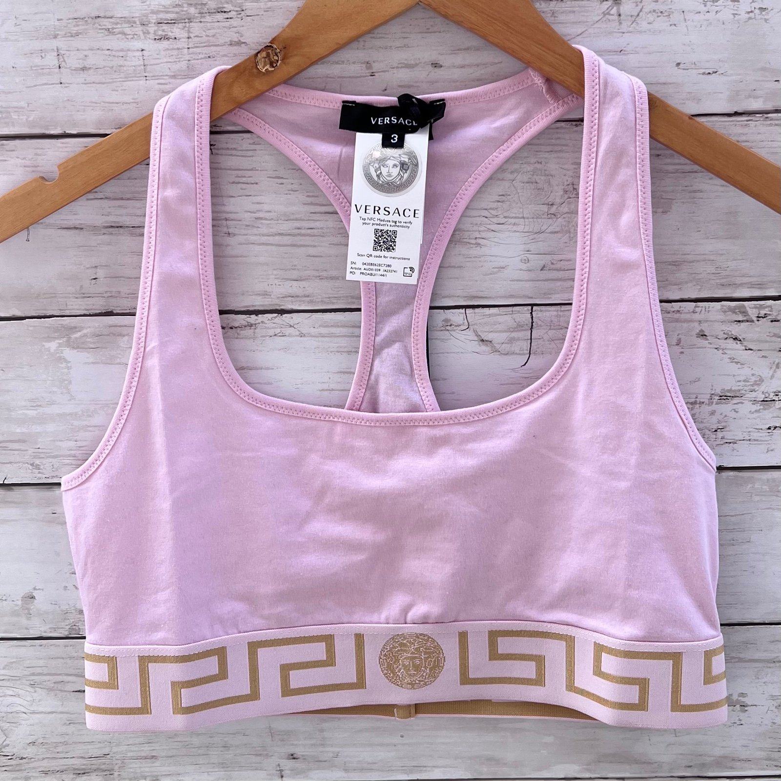 NEW Size Medium Versace Greca Logo Print Border Scoop Bralette Light Pink Gold