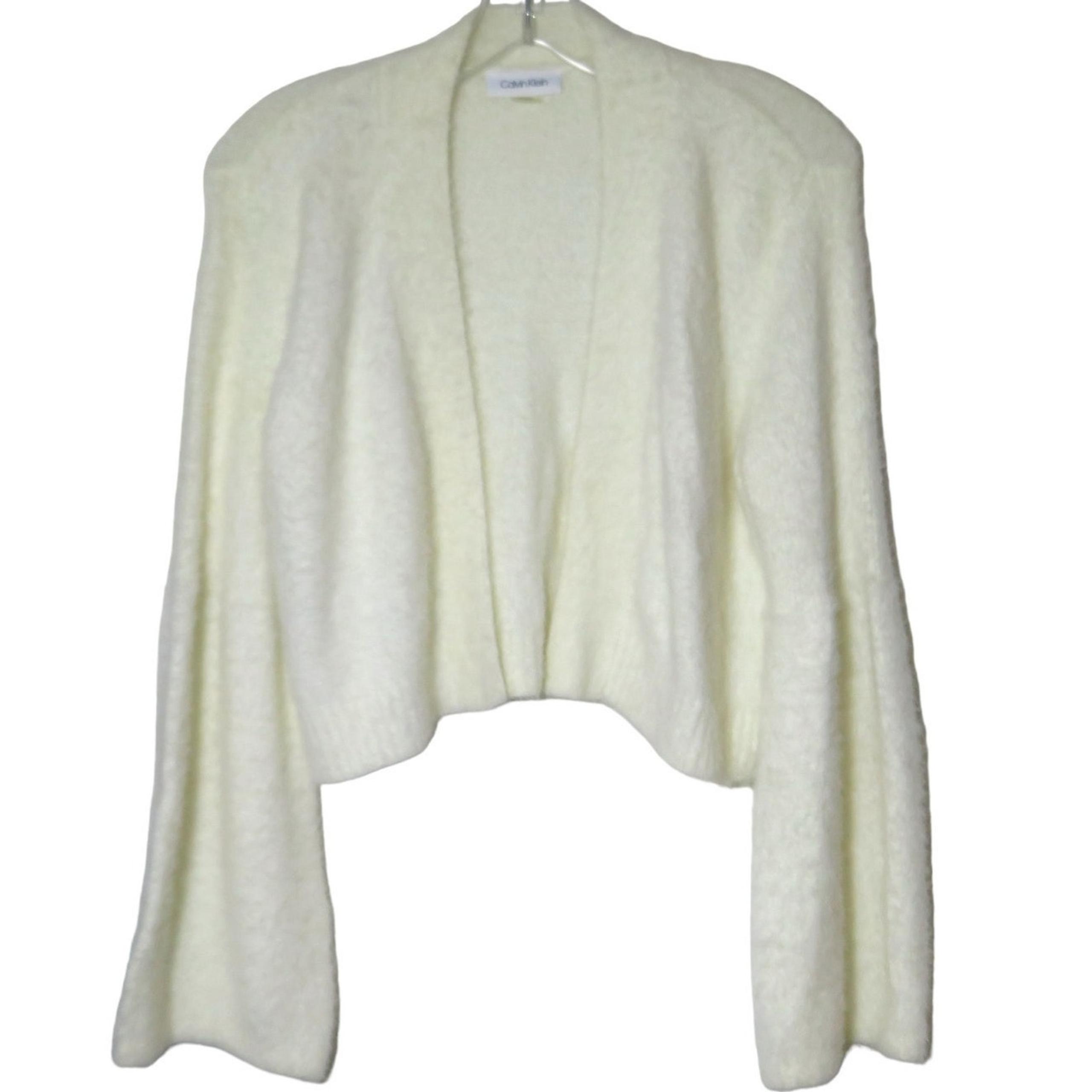 Calvin Klein Fuzzy Cropped Sweater Open Front Long Sleeve Womens M Ivory/White