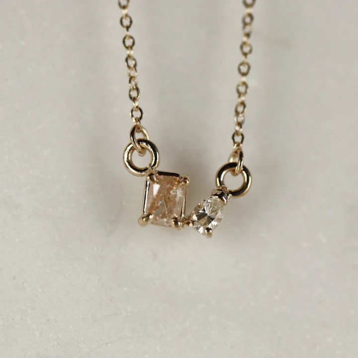 Dainty Diamond Necklace, Double Diamond Necklace, 14k Solid Gold Peach Diamond N