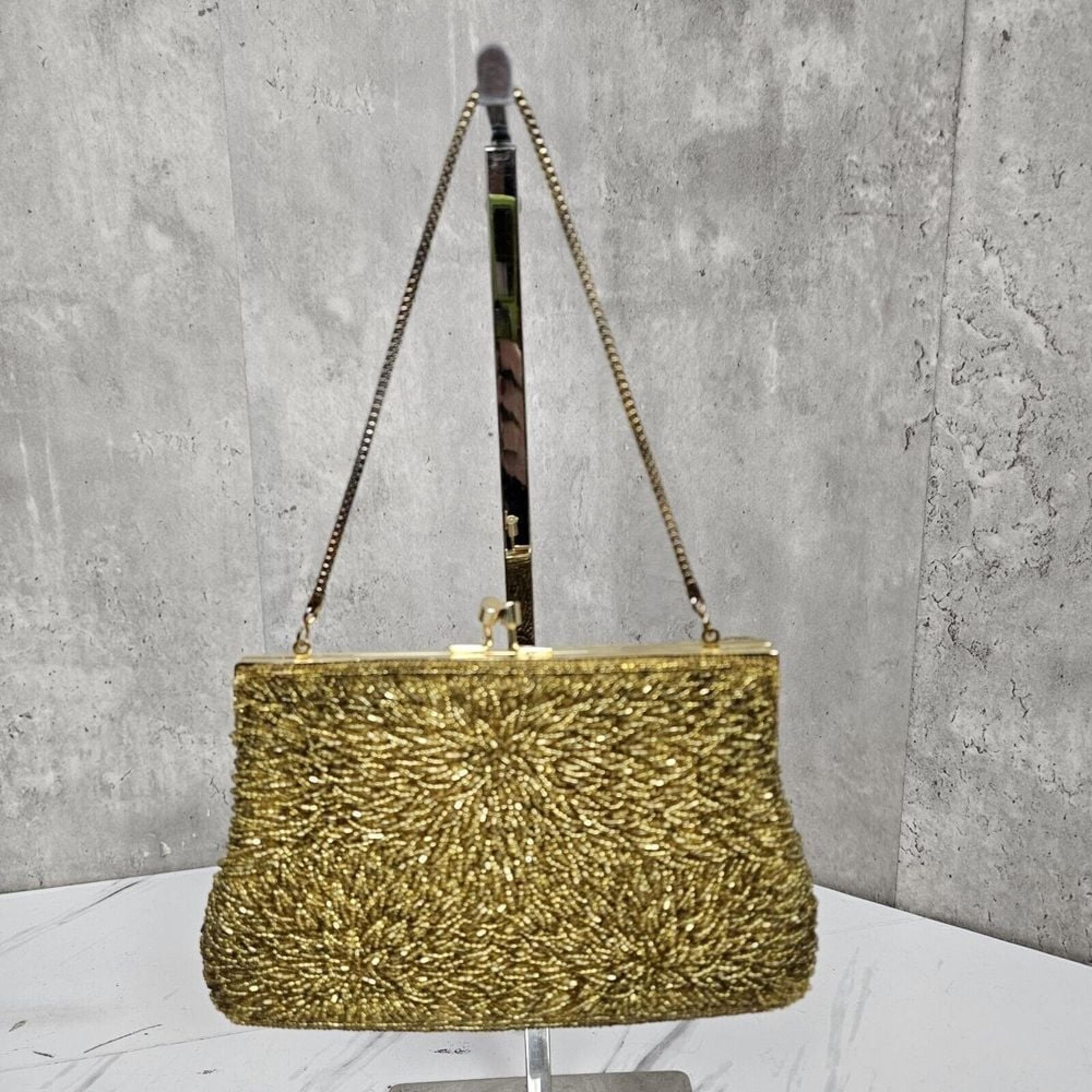 Vintage Walborg Beaded Kiss Lock Gold Beaded Evening Handbag Made in Hong Kong