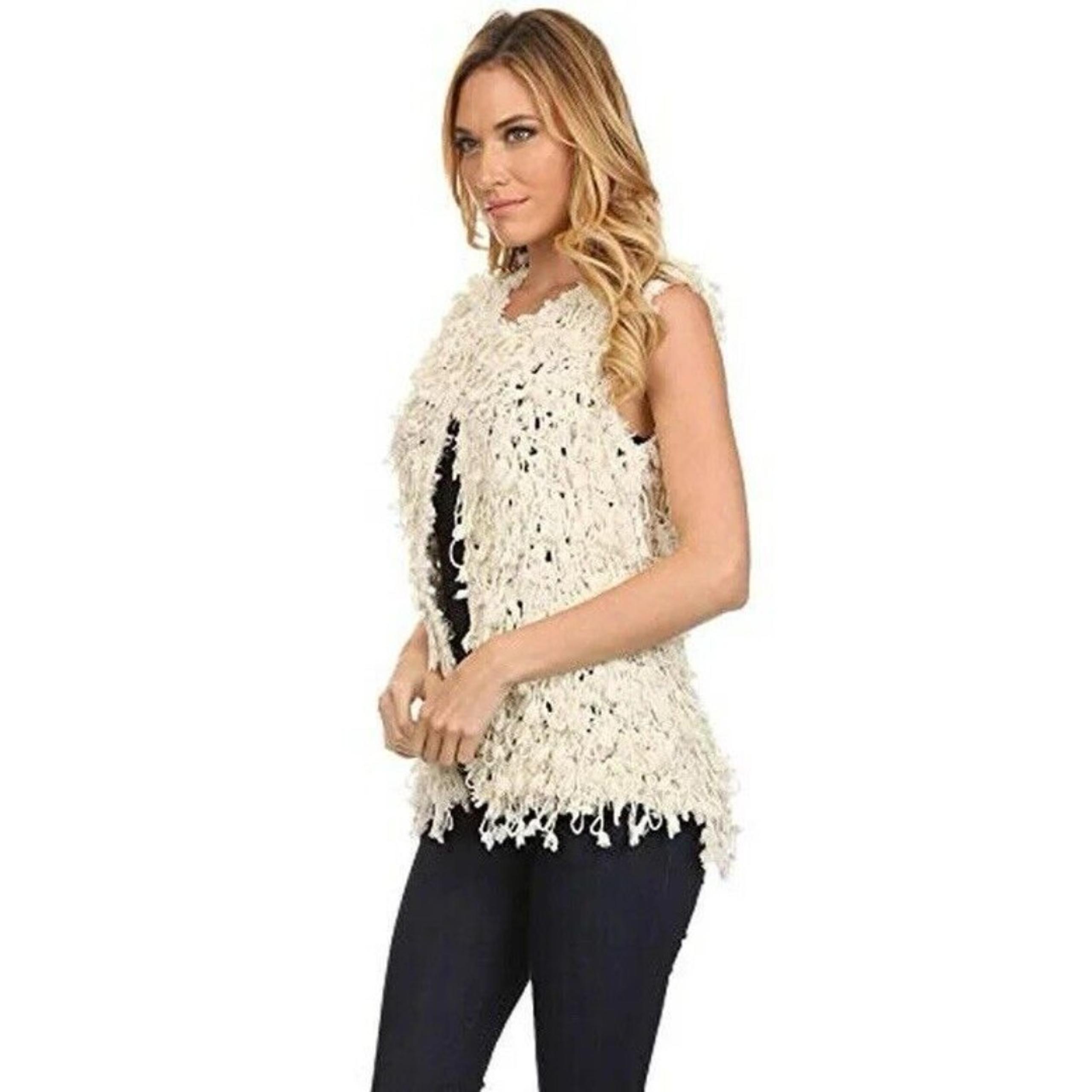 Umgee Fringe Vest Womens Size Large Beige Grunge Distressed Contemporary Sweater