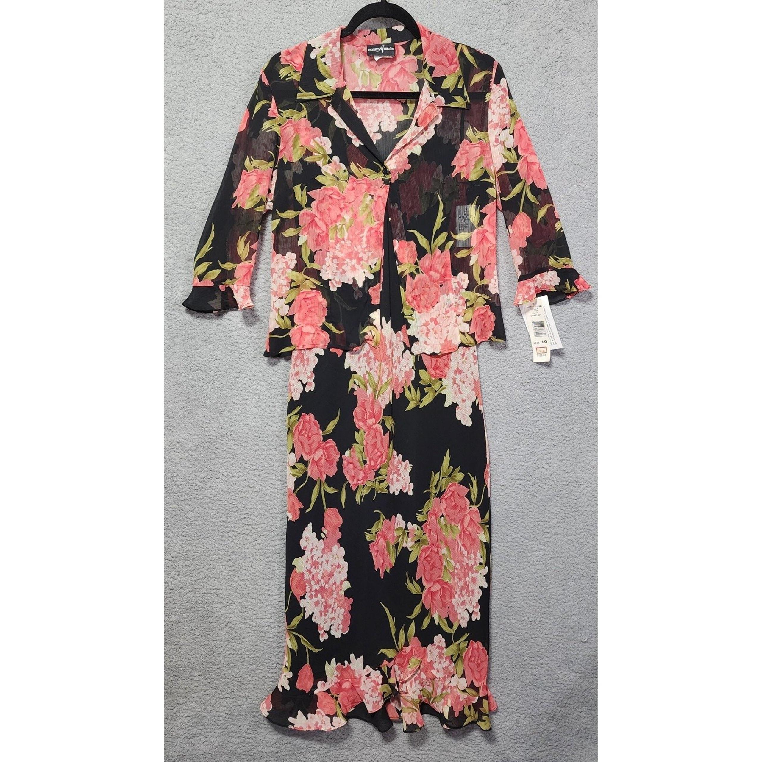 Positive Attitude Maxi Dress Womens Black Pink Garden Flowy Party Size 10 NWT