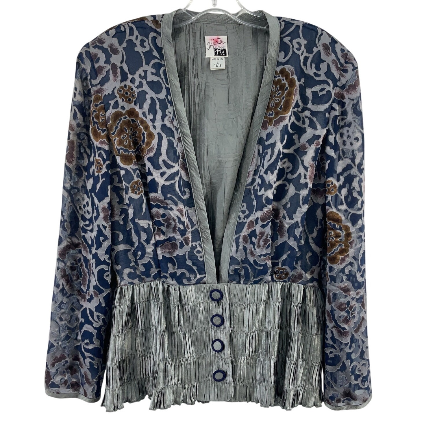 Jeanne Marc Vintage Silver & Blue Velvet Pleated Jacket Women's Large Polyester
