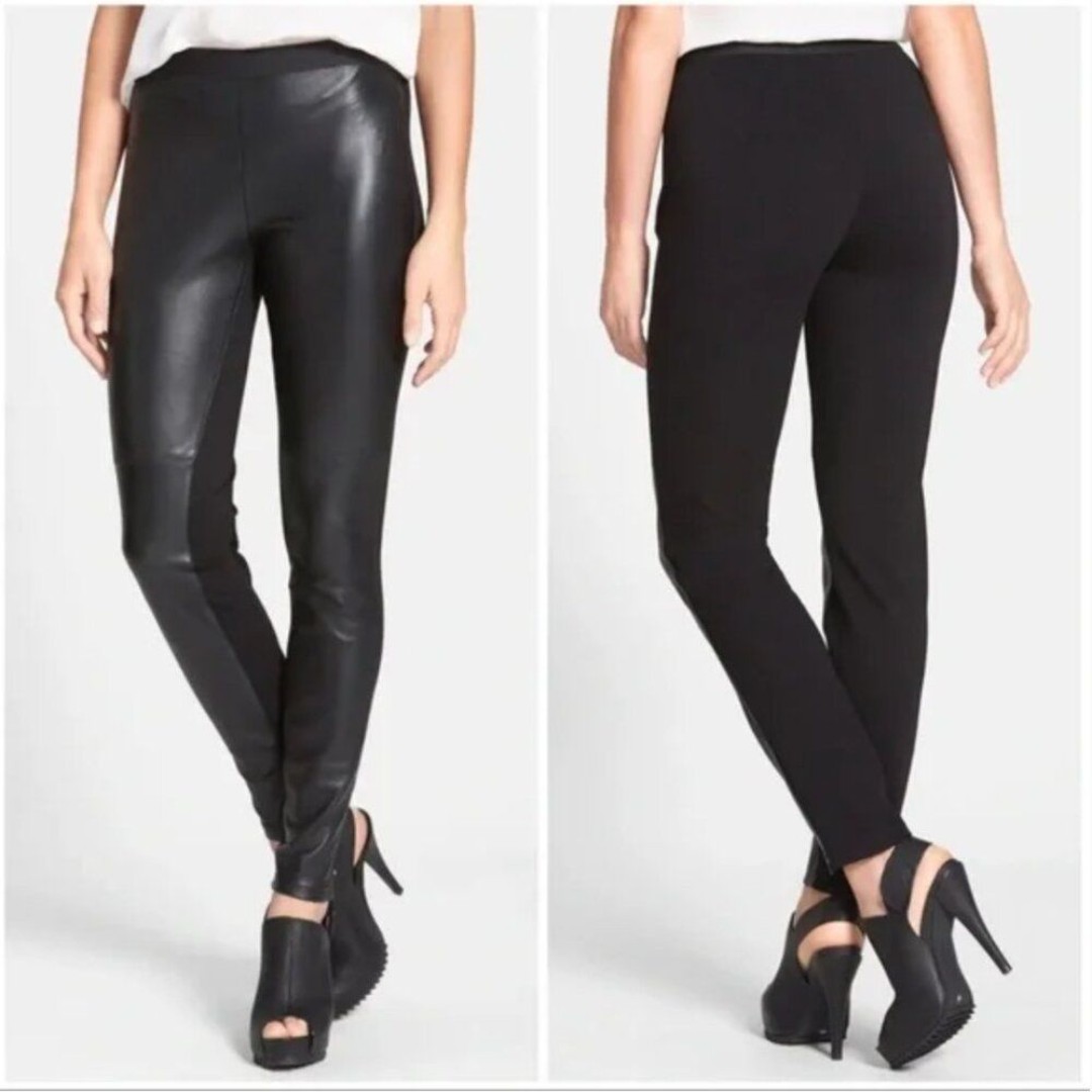 Eileen Fisher Size M Lamb Leather Front Panel Skinny Pull On Pant Black