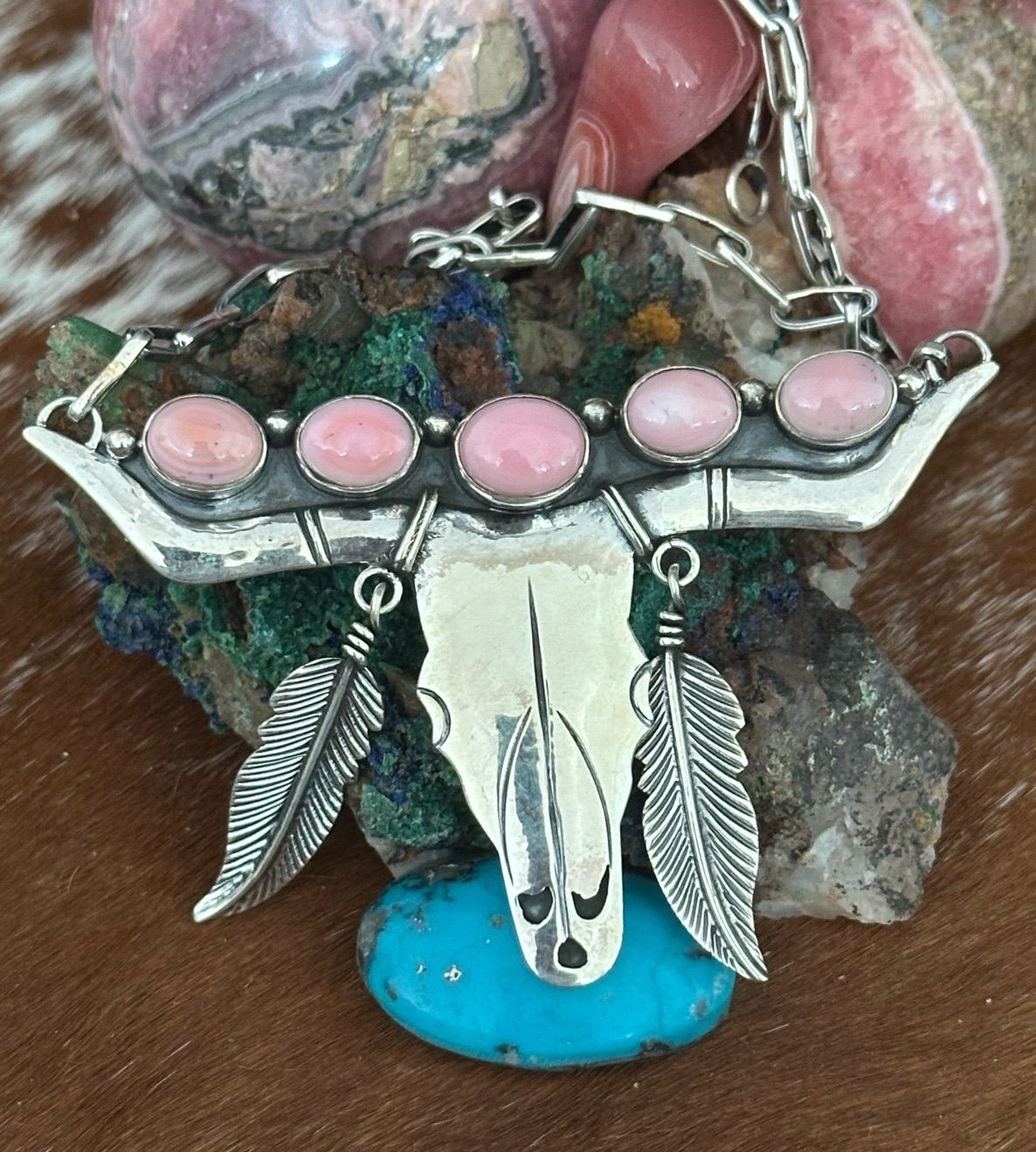 Pink conch longhorn sterling silver statement southwestern necklace