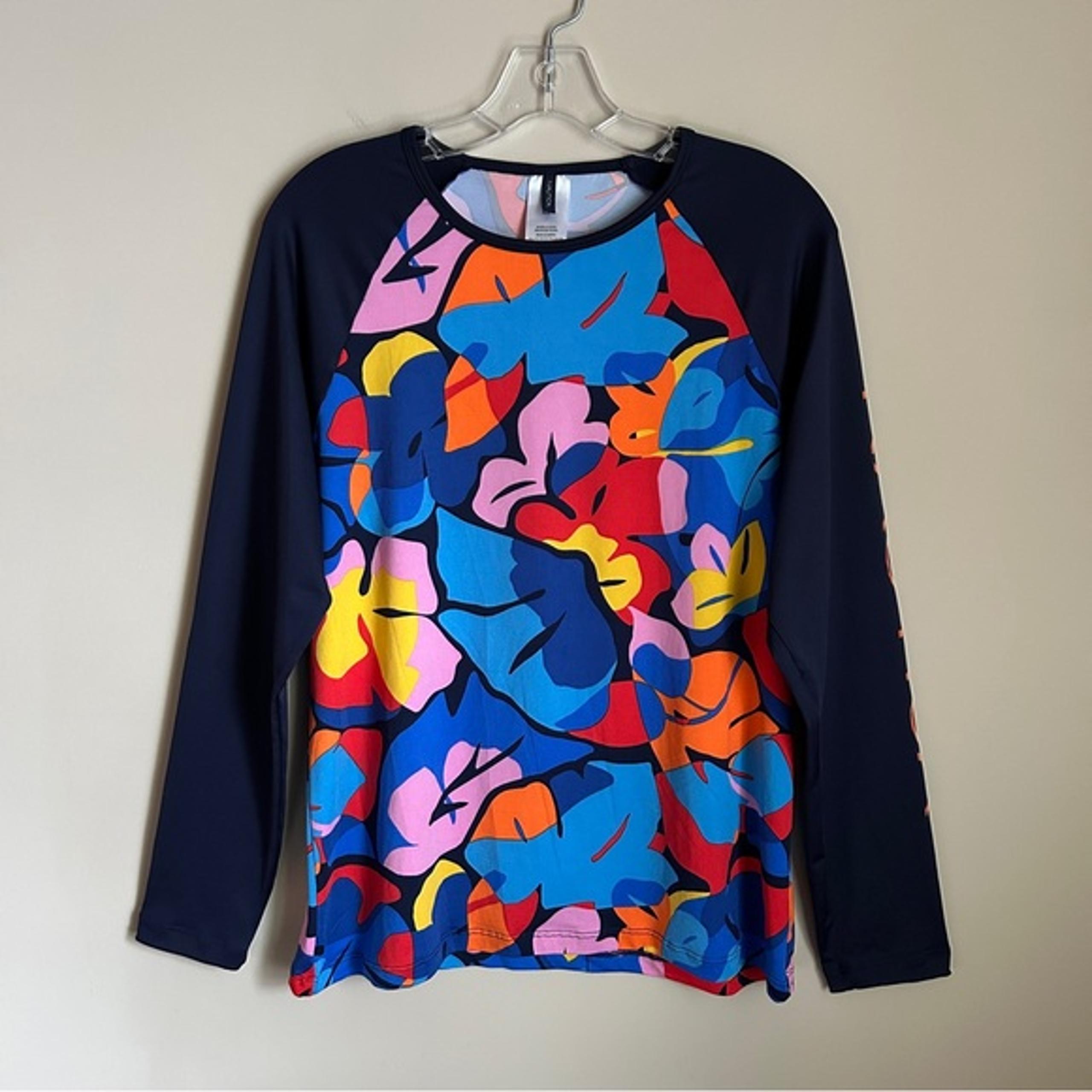 Nautica Navy Blue/Multicolor Floral Long Sleeve Crewneck Swim Shirt Top Size XL