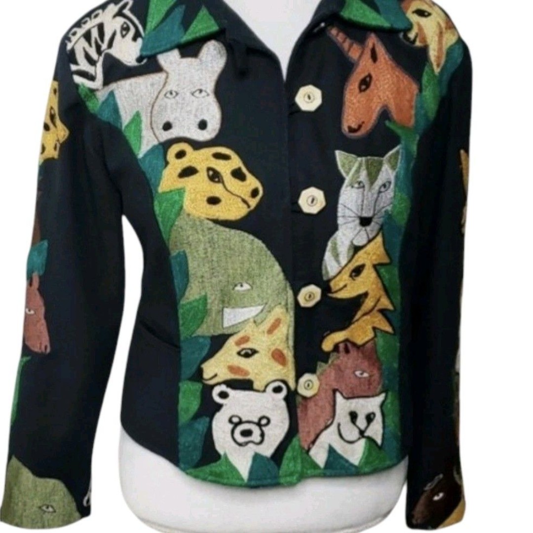 Anage 90s vintage Safari embroidered Animal Art women blazer jacket SZ Medium