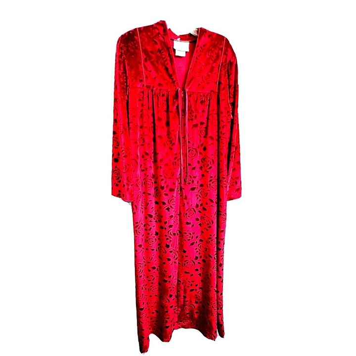 Hamilton Red Floral Velvet Lounge Maxi Dress Night Gown Size M Zip Front 3/4 Slv