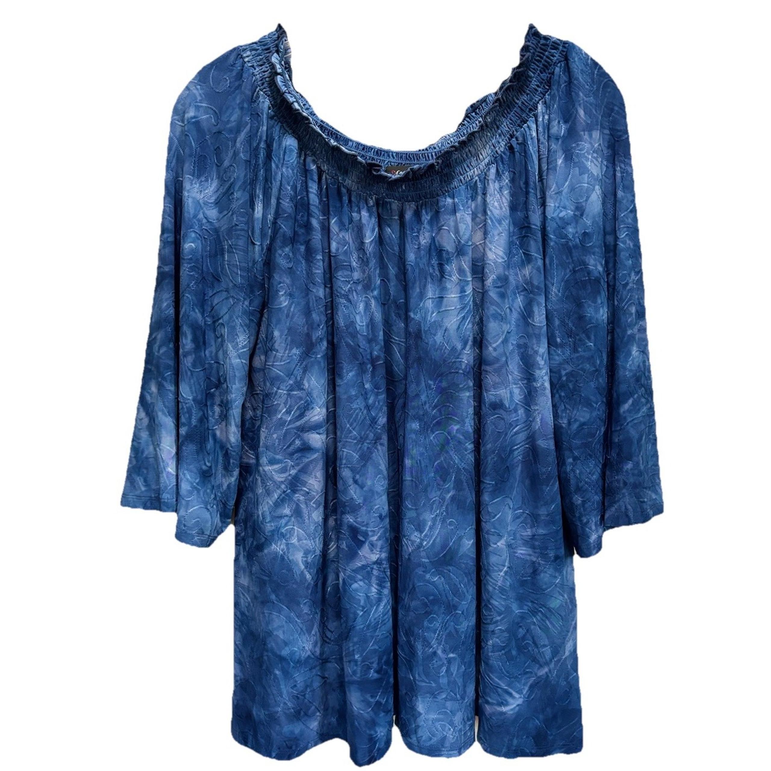 Cocomo Blue Tie Dye Blouse Smocked Off Shoulder Neck Size XL 3/4 Sleeve Soft