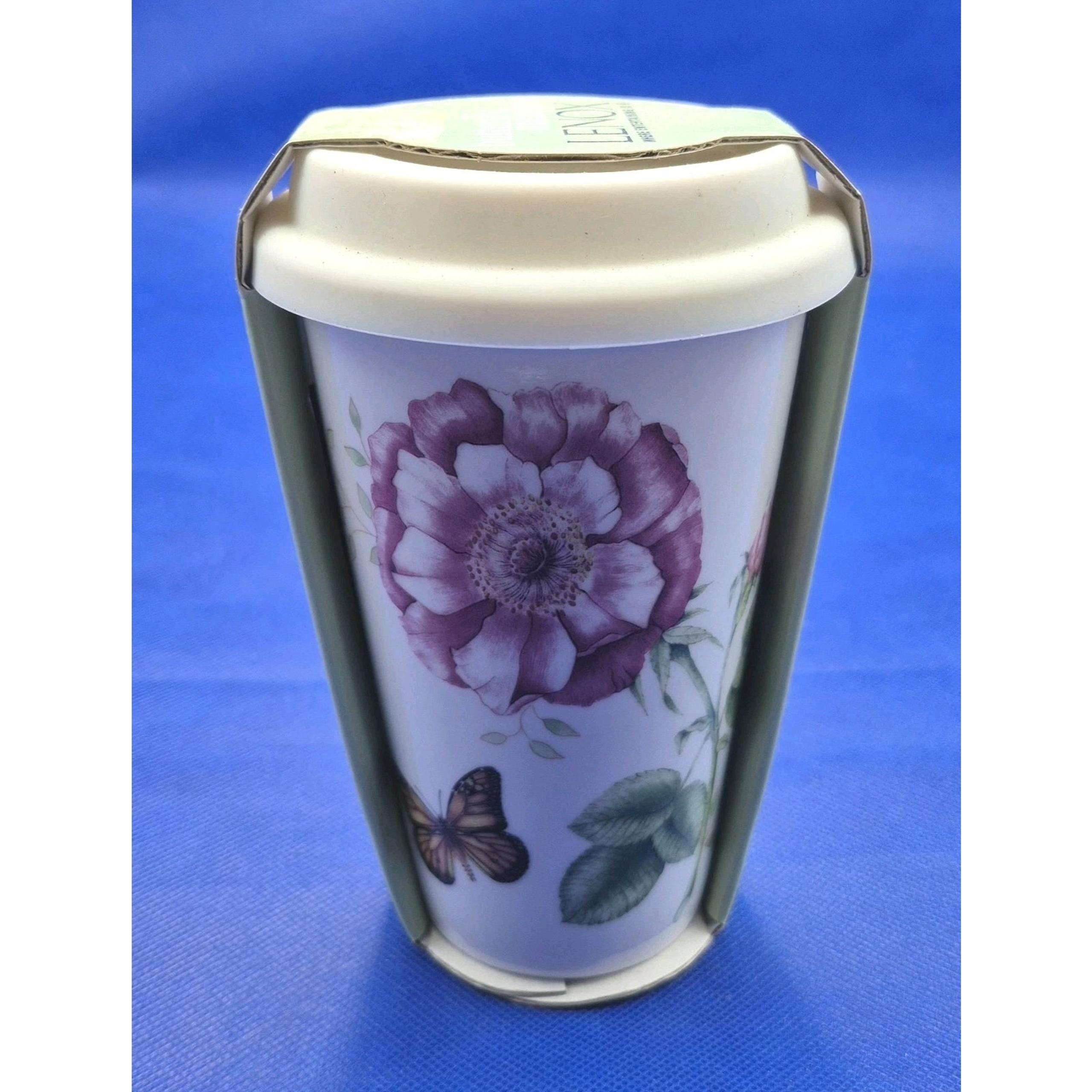 LENOX Butterfly Meadow Thermal Travel Mug Silicone Lid 10oz NEW White Ceramic