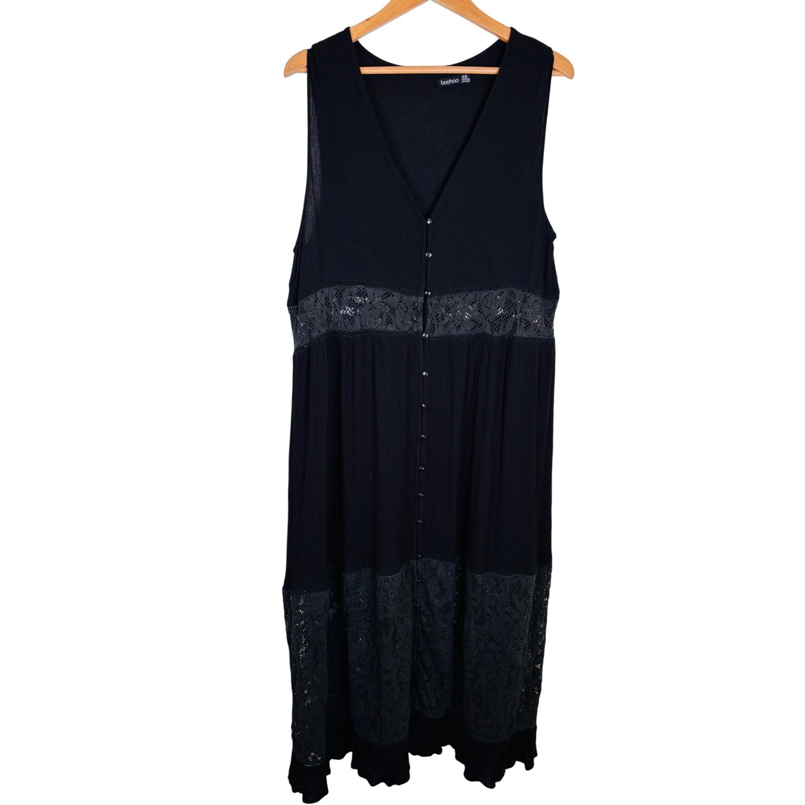 Boohoo Maxi Dress Black Sleeveless Button Front Lace Trim Women's Plus Size 22