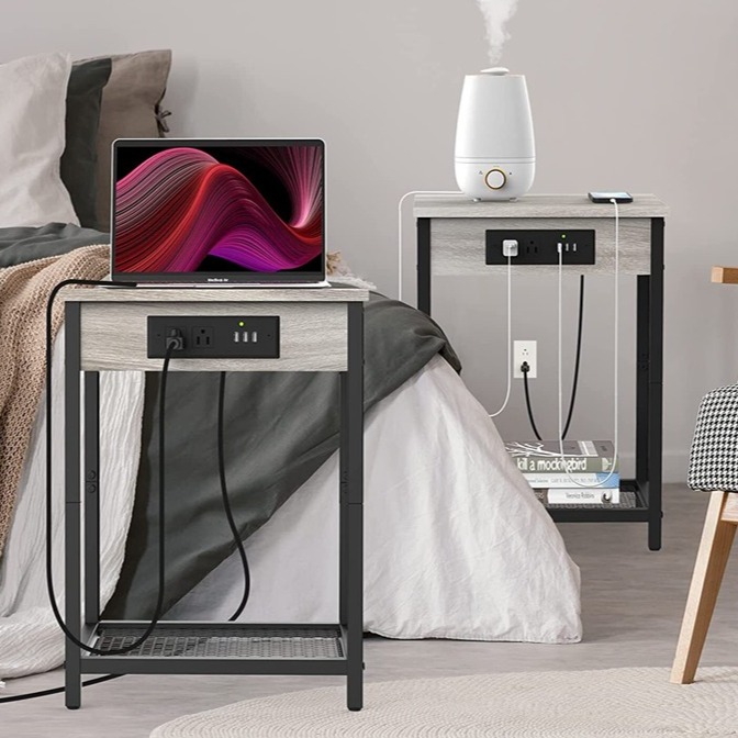Set of 2 Gray Bedroom Nightstand w/Charging Station Modern Side Table End Table.