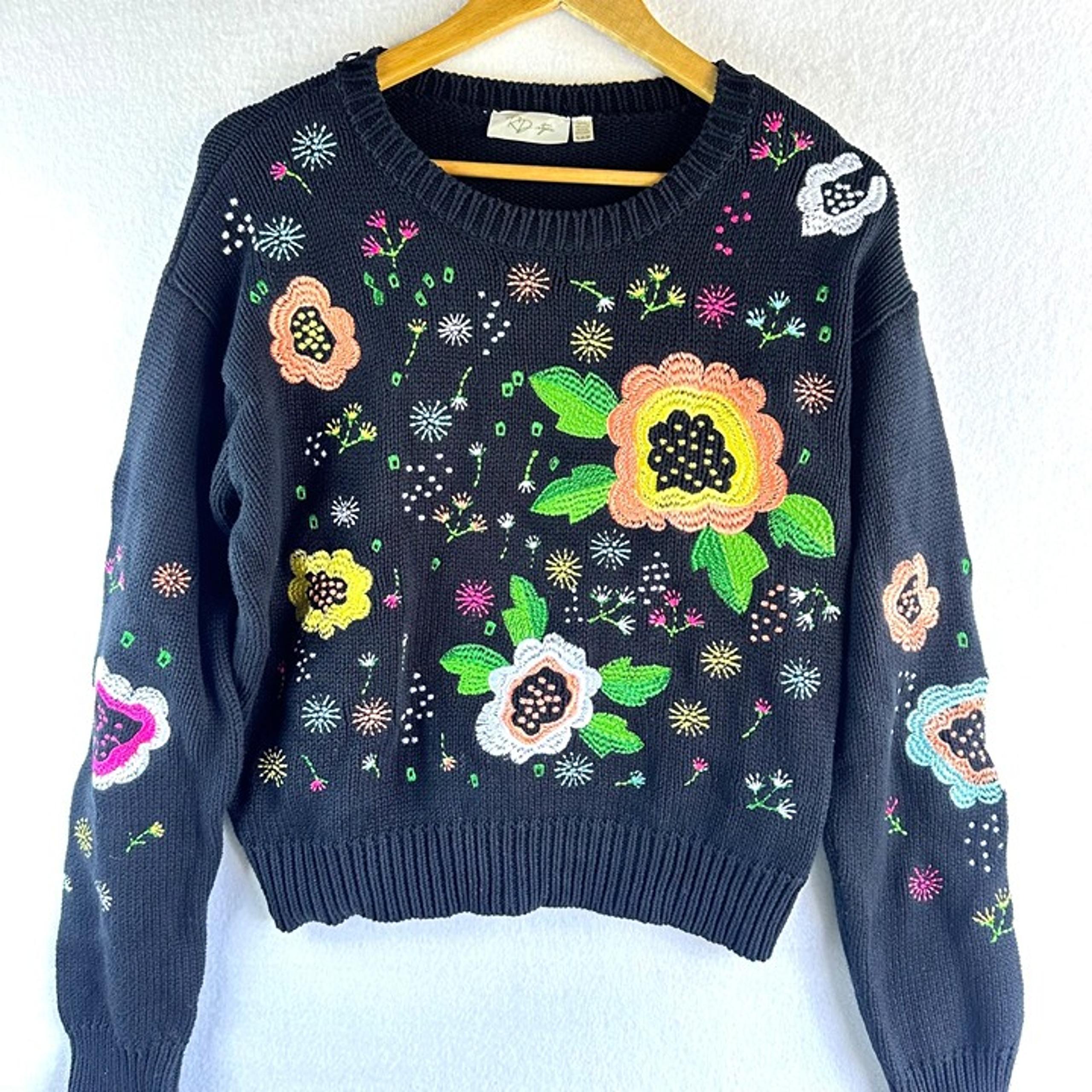 RD Style Floral Sweater Womens Size Small Patched Embroidered Granny Core Knit