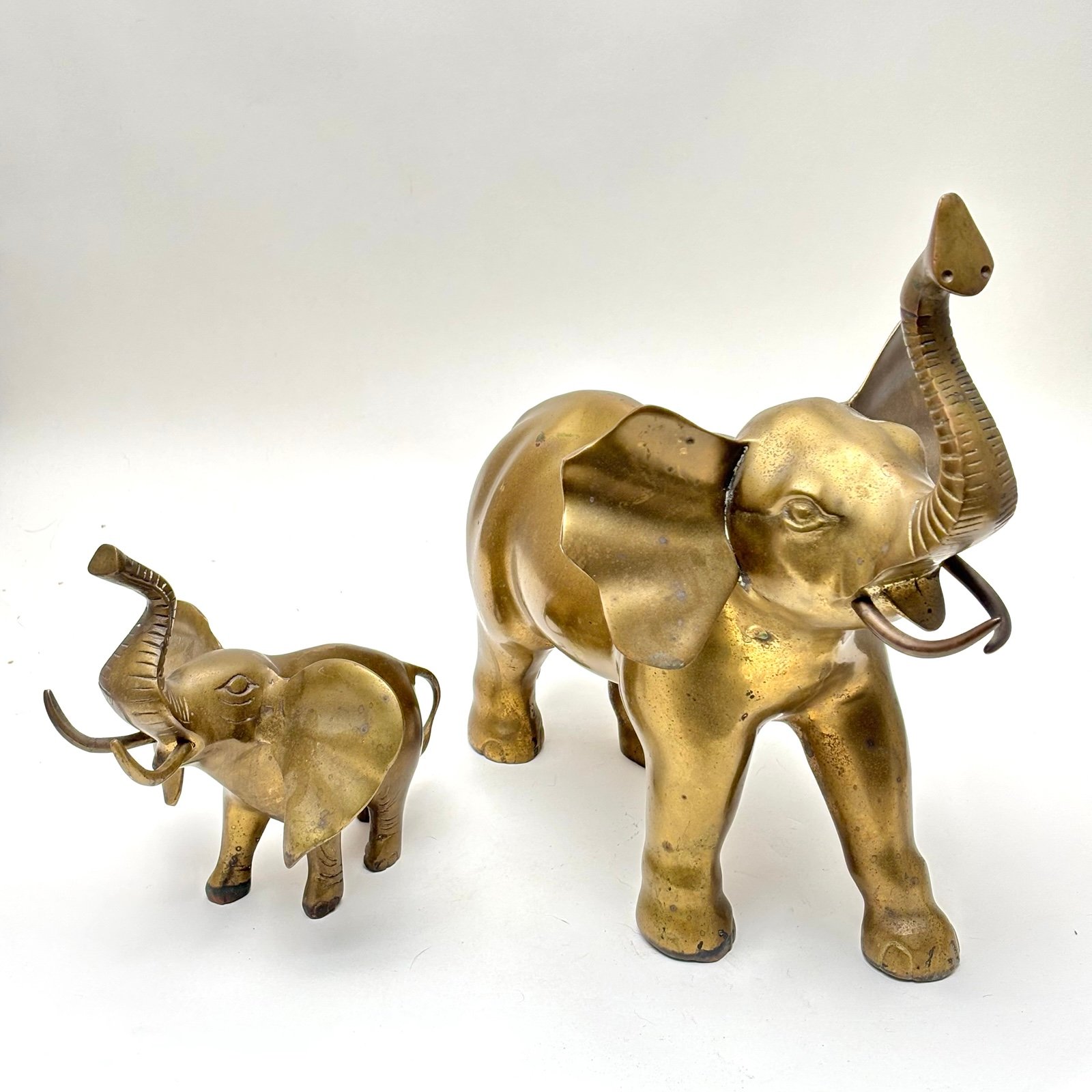 Pair of Solid Brass Elephants, 14” Mother & 8” Child Made in India