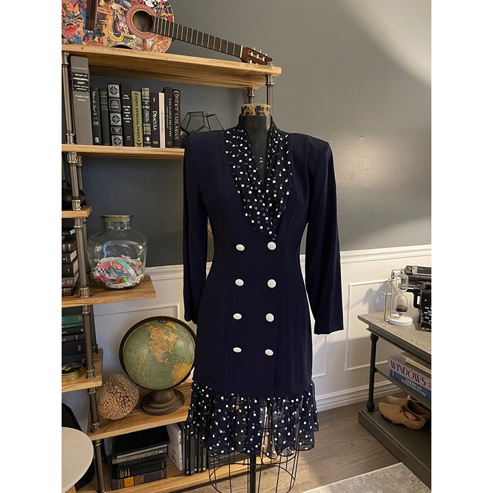Scarlett, Blue, Jacket Dress, White Polka Dot, V-Neck, Long Sleeve, Formal
