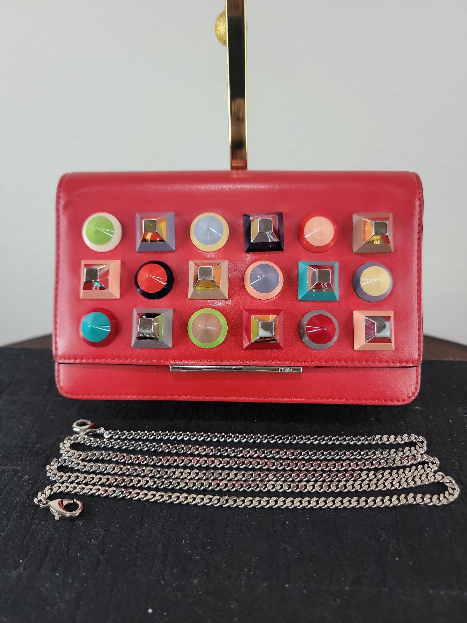 FENDI Vitello Liberty Studded Tube Wallet On Chain Fiamma Multicolor