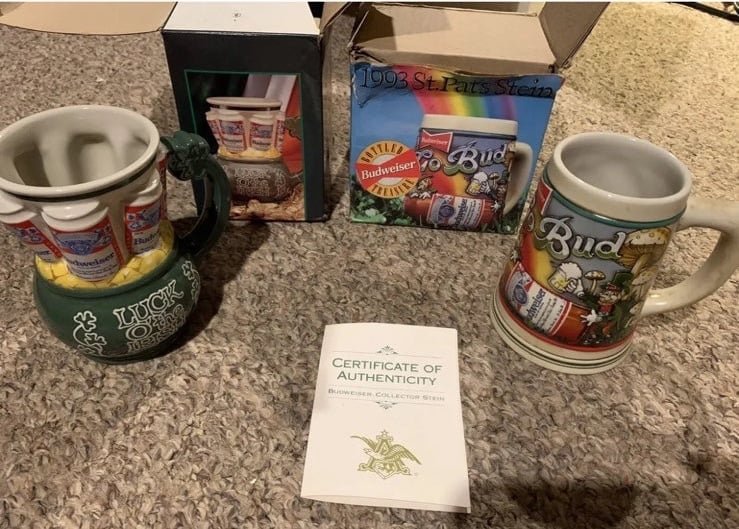 Budweiser St Patrick’s Day IRISH beer stein lot of 2 in original box w COA RARE