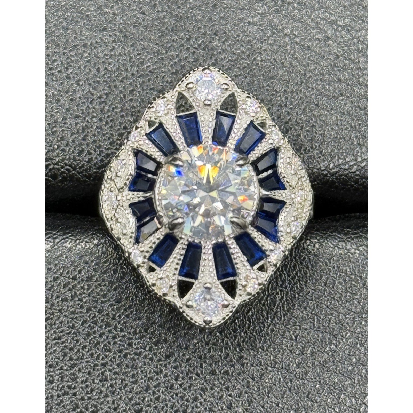 New Condition Sterling Silver Moissanite Art Deco Ring Size 7.00 GRA Q23