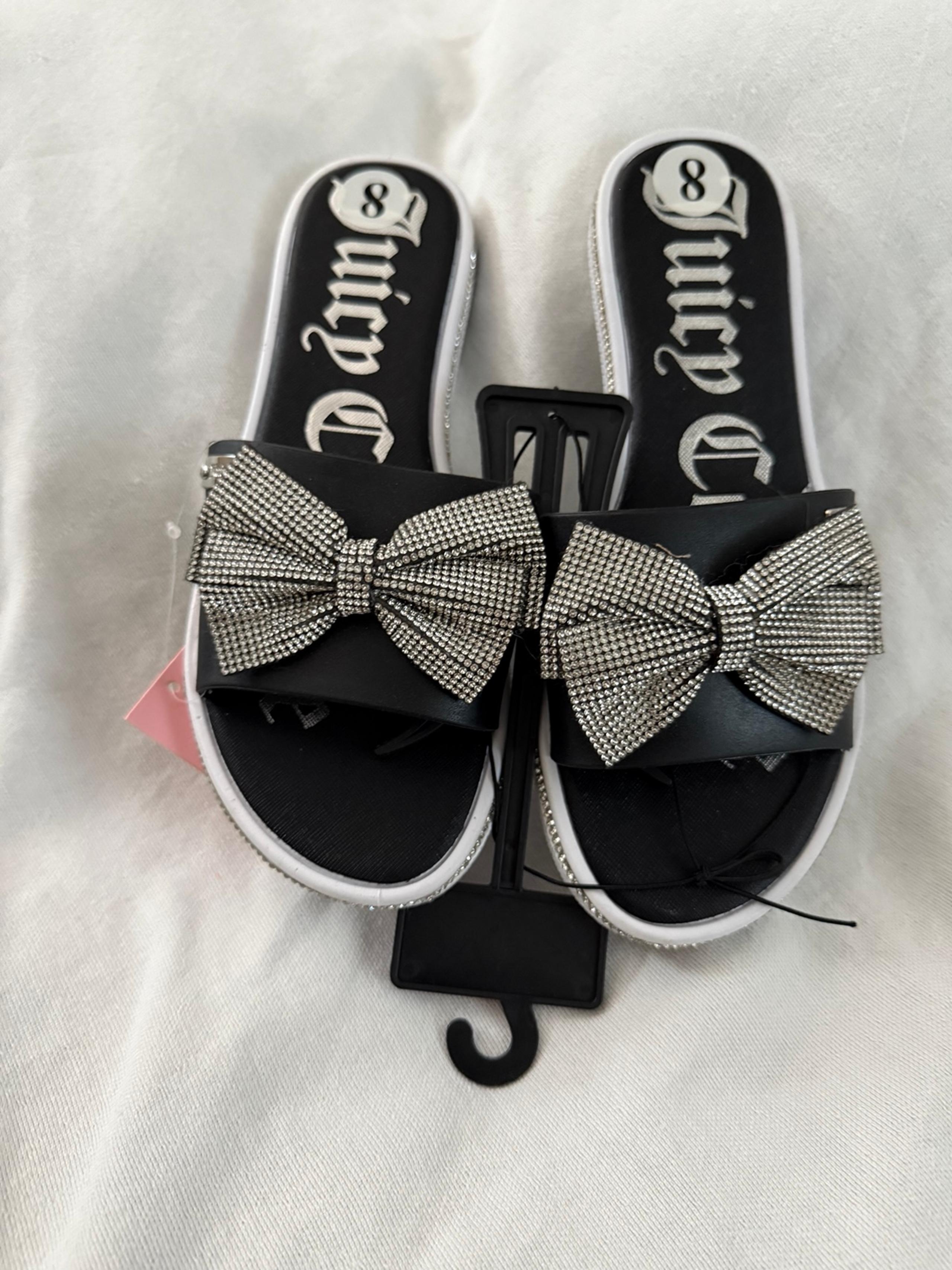 NEW Juicy Couture Black Yolox Rhinestone Bow Sandals Women 8 Black White Slides