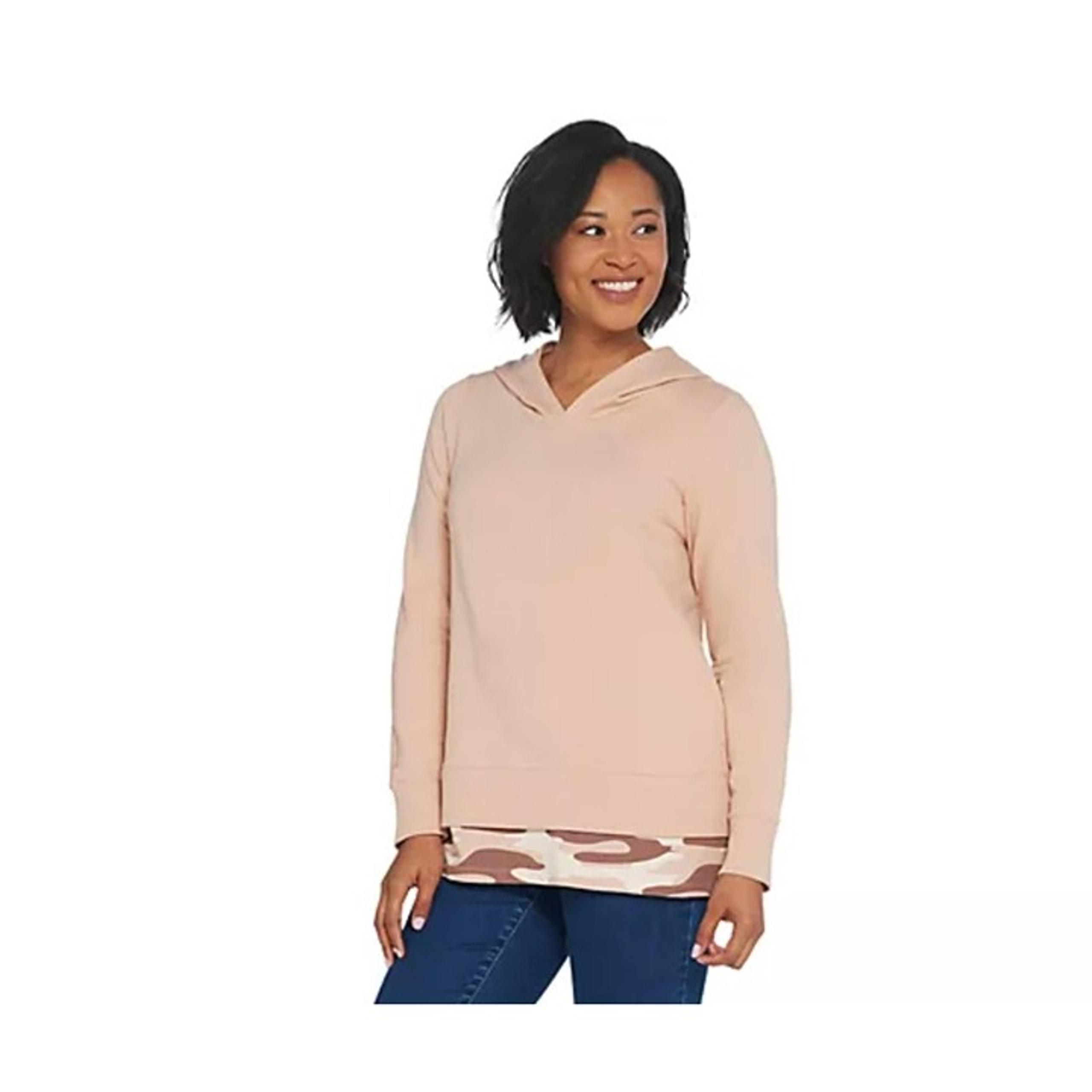 Denim & Co. Active French Terry Blush Pink Hooded Top with Camo Printed Hem 1X