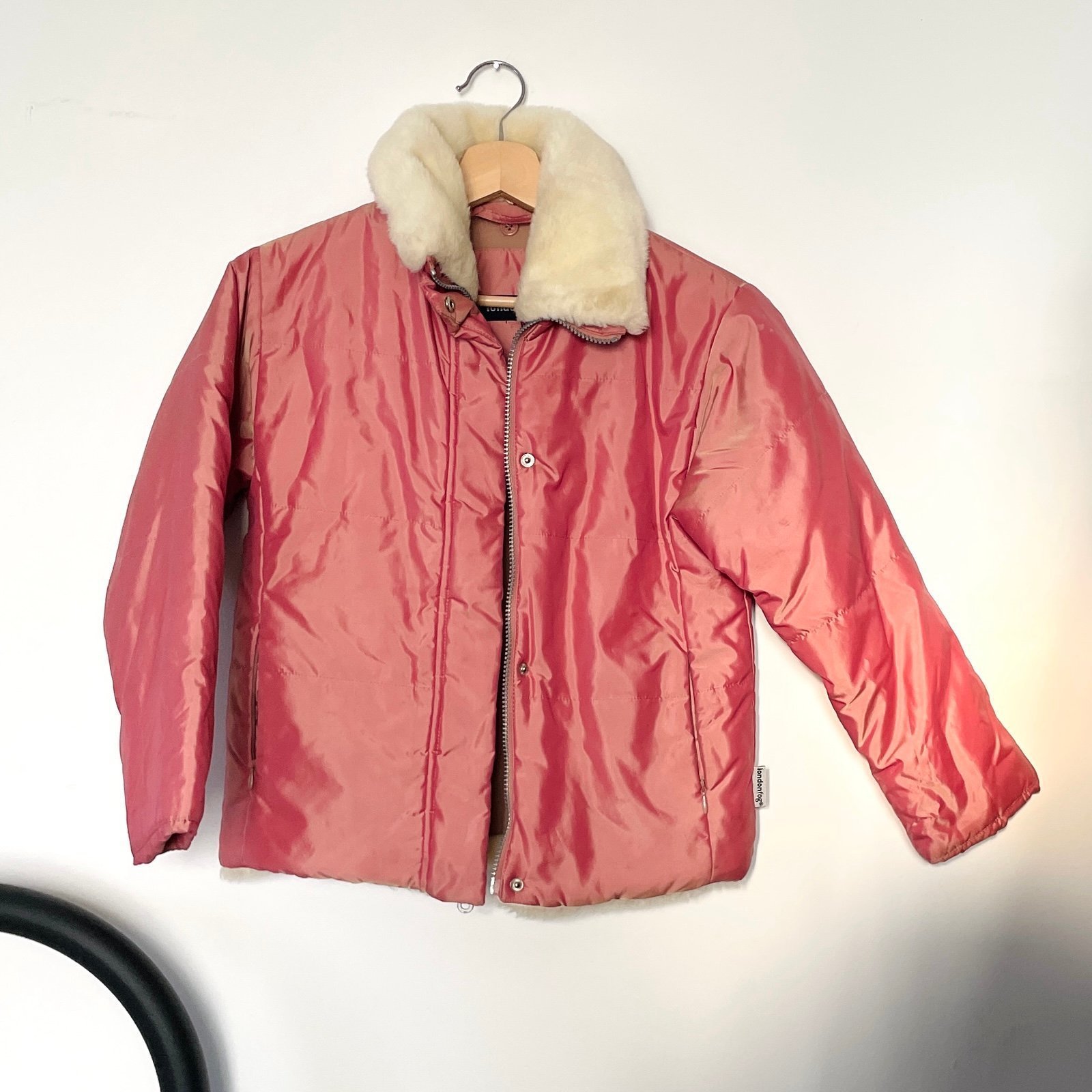 London Fog - Vintage Junior Pink Retro Puffer Jacket Cream Faux Shearling Collar