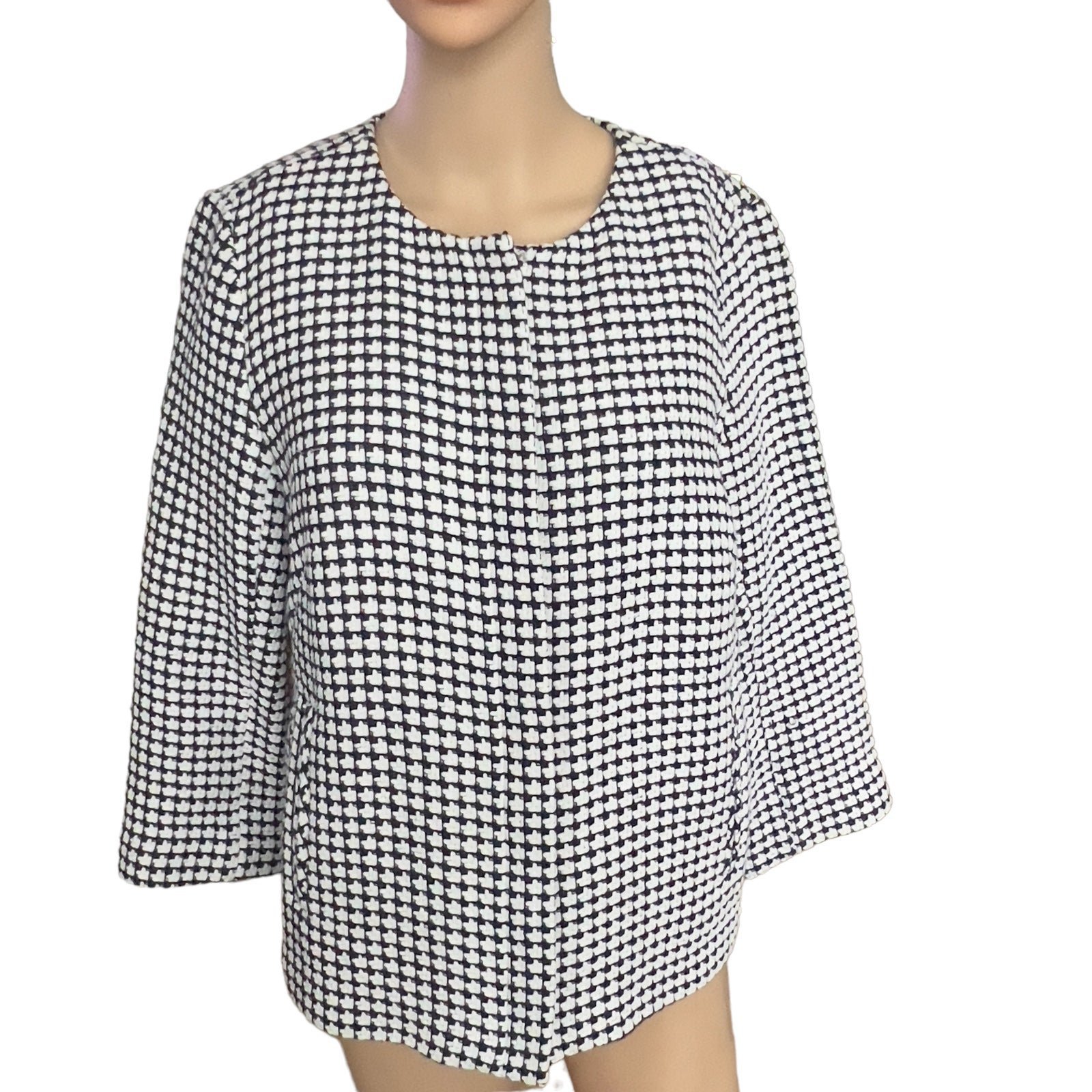 Talbots Women's Navy Blue White Woven Hounds Tooth Full Zip Jacket Blazer size 8