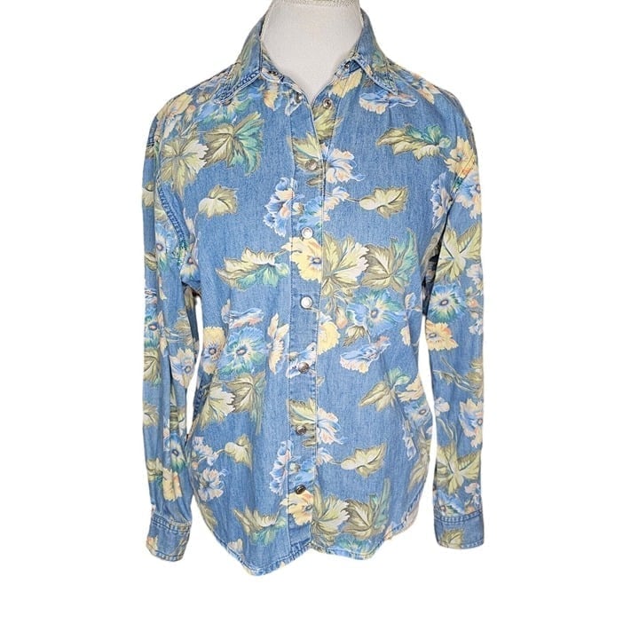 Vintage 90s Womens S/M Snap Front Shirt Top Blue Chambray Hawaiian Tropical