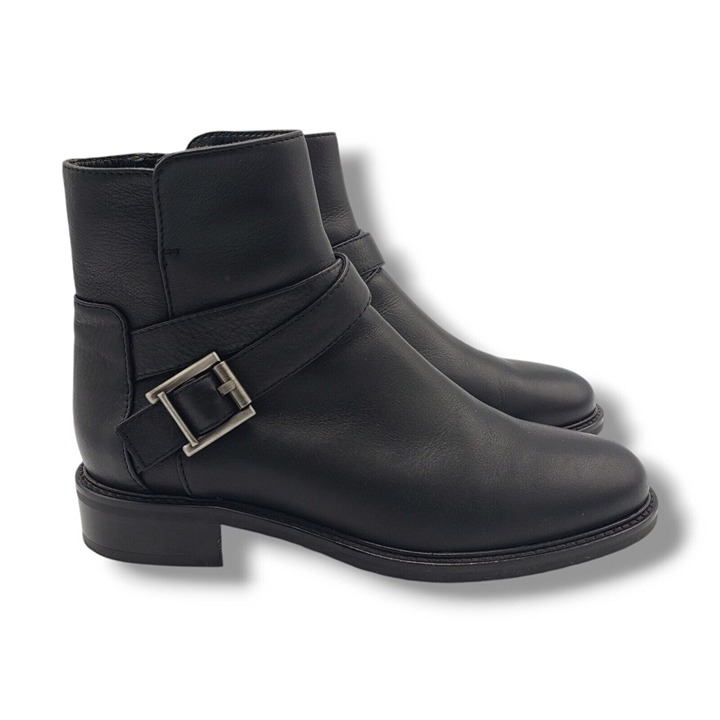Aquatalia Nellie Calf Boots Womens 7 Black Weatherproof Leather Moto Buckle