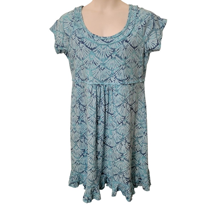 Fresh Produce L Blue Floral Cotton Dress Made In USA Short Sleeve Scoop Neck Ruf